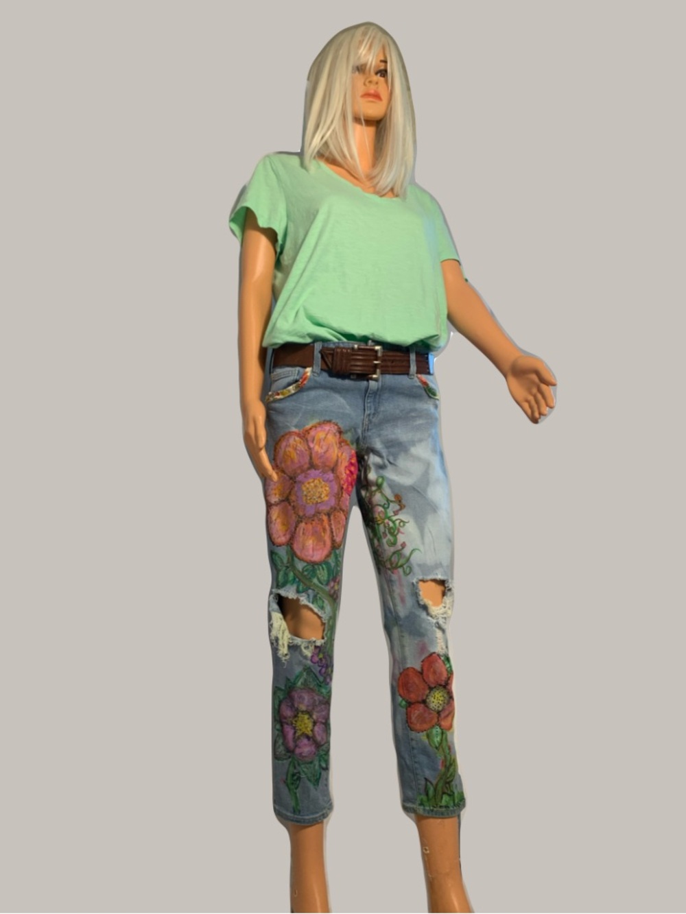 Hand-Painted Floral Light Wash Women's Jeans - Pink & Orange Accents - Picture 3 of 12